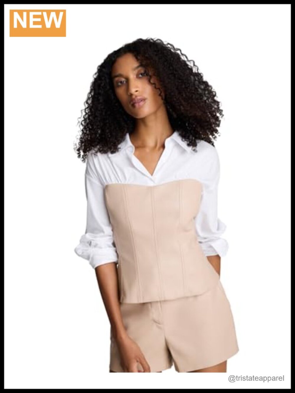 Faux Leather Bustier Cotton Long Sleeve Shirt Top